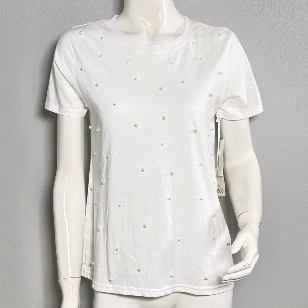 CeCe Pearl-Embellished Short Sleeve Tee. New Ivory. Small. NWT